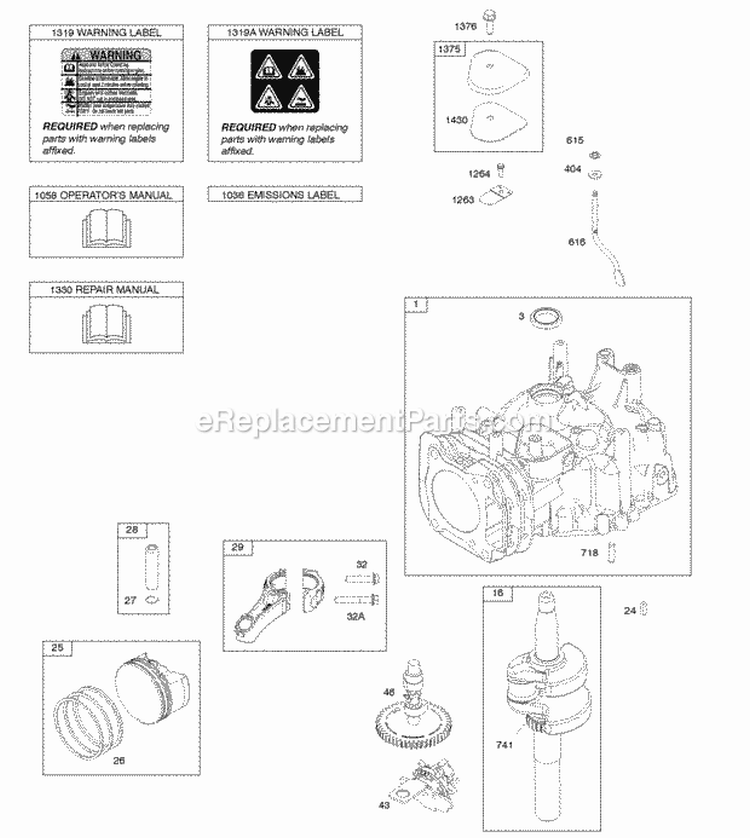 Camshaft Crankshaft Cylinder OperatorS Manual PistonRingsConnecting Rod Warning Label Diagram and Parts List for  Briggs and Stratton Engine